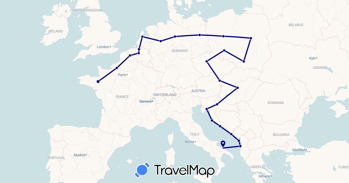 TravelMap itinerary: driving in Albania, Austria, Belgium, Czech Republic, Germany, France, Croatia, Hungary, Italy, Montenegro, Netherlands, Poland (Europe)
